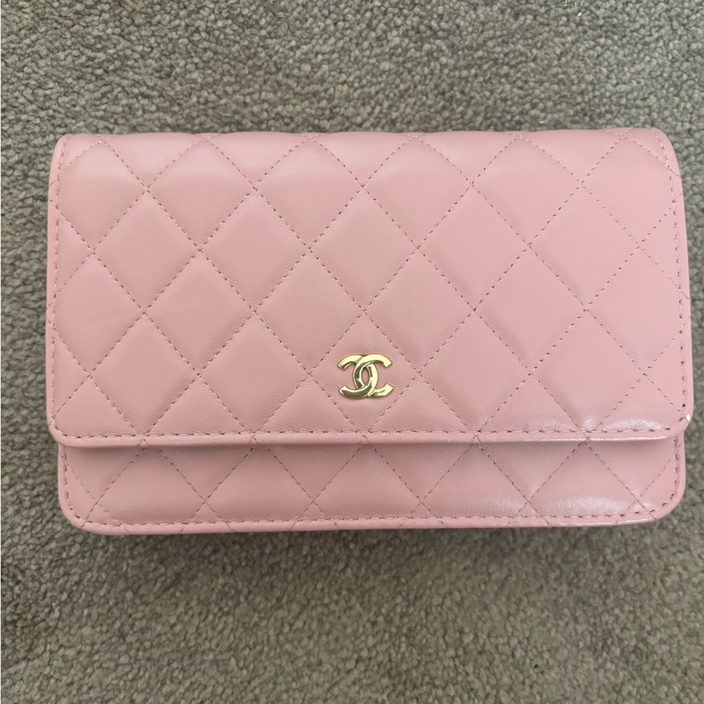 Chanel Lambskin pale pink lambskin wallet on chain